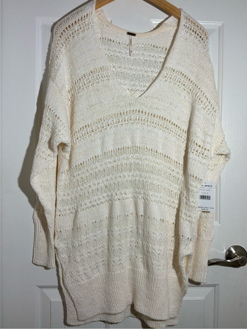 Free People Cream Open-Knit V-Neck Sweater